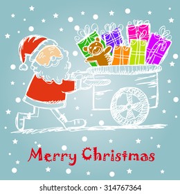 Vector Illustration of Santa Claus carrying cart full of gifts