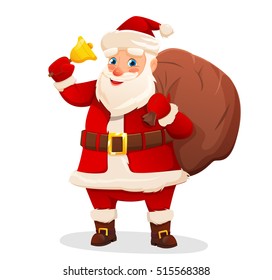 Vector Illustration of Santa Claus carrying sack full of gifts and bell. Isolated on white. vector illustration