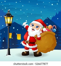 Vector illustration of Santa claus carrying sack full of gifts with snowfall falling at night background  