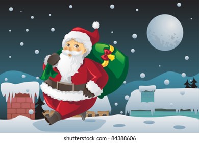 A vector illustration of Santa Claus carrying Christmas presents