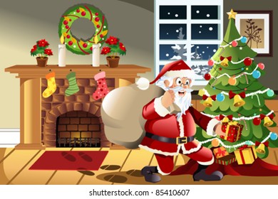 A vector illustration of Santa Claus carrying a bag of Christmas presents dropping a present under the Christmas tree