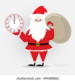 Vector Illustration of Santa Claus cartoon character carrying sack of gifts with midnight clock