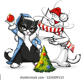 vector illustration of santa claus cat with a snow maiden cat next to the christmas tree white background