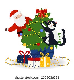 Vector illustration of Santa Claus, cat climbs the Christmas tree, gift boxes in flat style, isolated for holiday designs banner, cover, advertisement, greeting card. Concept of Christmas and New Year