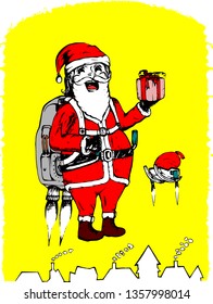 Vector illustration of Santa Claus character shows Santa is distributing gifts with jet pack and jet powered ski sled.  