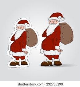 vector illustration of Santa Claus character with big brown gift bag