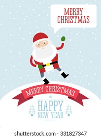 Vector illustration of the Santa Claus cheerfully standing and waiving on the Christmas card banner wishing Merry Christmas.
Christmas card illustration.
Snow falling in the background.
