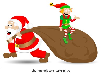 vector illustration of santa claus with christmas elf on white background