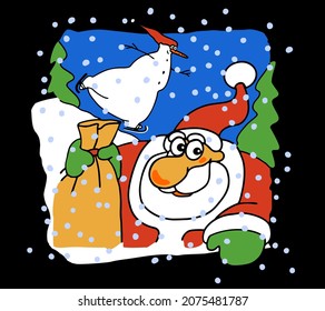 Vector illustration of Santa Claus. Christmas greeting card. A bag full of gifts. Snowman