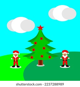 vector illustration of santa claus and christmas tree design, nature background, perfect for poster, advertisement, merry christmas card, template, etc