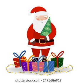 Vector illustration Santa Claus with Christmas tree and gift boxes in flat style, isolated for holiday designs of banner, cover, advertisement, greeting card. Concept of Christmas and New Year
