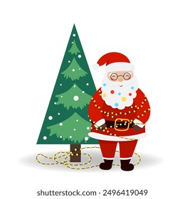 Vector illustration Santa Claus with Christmas tree and gift boxes in flat style, isolated for holiday designs of banner, cover, advertisement, greeting card. Concept of Christmas and New Year