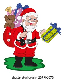Vector illustration of Santa Claus with Christmas gifts.