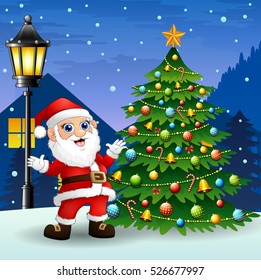Vector illustration of Santa claus with christmas tree and snowfall falling at night background  