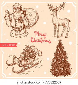 Vector illustration of Santa Claus, christmas tree,deer, sleight,text Merry Christmas on background with abstract paper texture. Santa Claus with gifts sketch.Linear art in vintage style for design.