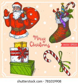 Vector illustration of Santa Claus, christmas gifts,sock, candy cane,text Merry Christmas on background with abstract paper texture.Santa Claus with gifts sketch.Linear art in vintage style for design