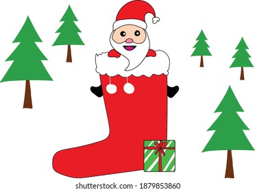 Vector illustration of Santa Claus climbing on the red Santa boot with green present box surrounding by Christmas tree