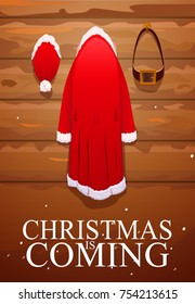 Vector illustration, Santa Claus, clothes. Christmas is coming. postcard, poster, hat, fur coat, belt.