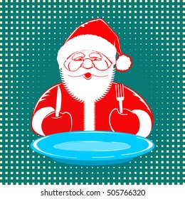 Vector illustration Santa Claus comic style design with blue plate, fork and knife on dotted background. Retro style pop art