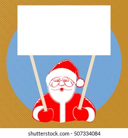 Vector illustration Santa Claus comic style design with jolly plump in red cap on dotted background, holding blank isolated for text for your creativity. 
