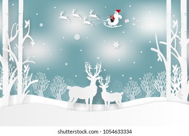 Vector illustration of Santa Claus is coming to town and deer in forest with snow in the winter season and Christmas. Design paper art and crafts.

