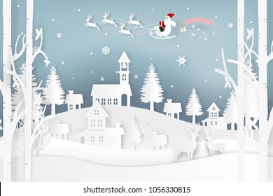 Vector illustration of Santa Claus is coming to town and deer in forest with snow in the winter season and Christmas. Design paper art and crafts.