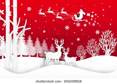 Vector illustration of Santa Claus is coming to town and deer in forest with snow in the winter season and Christmas. Design paper art and crafts.