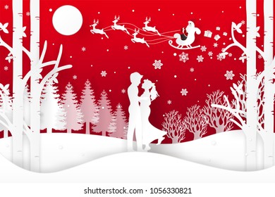 Vector illustration of Santa Claus is coming to town and deer in forest with snow in the winter season and Christmas. Design paper art and crafts.