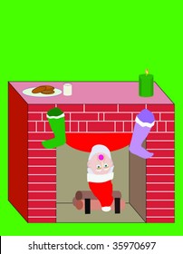 Vector illustration of Santa Claus coming down the chimney headfirst.