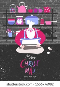 Vector illustration of Santa Claus cooking in a kitchen. Merry Christmas and Happy New Year greeting card.