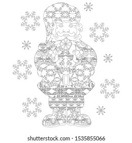 Vector illustration with Santa Claus, covered with abstract ornament and ornament of snowflakes on a background of flying snow. Zenart. Anti-stress coloring.
