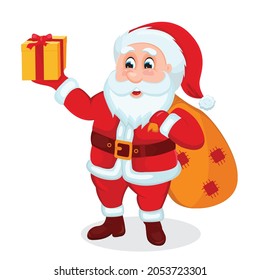 Vector illustration of Santa Claus. Cute Santa Claus cartoon icon illustration. Happy smiling chubby Santa standing holding a gift box with bow and a bag with presents. Christmas winter holi