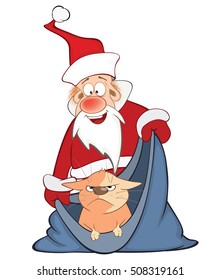 Vector Illustration of a Santa Claus and a Cute Cat. Cartoon Character