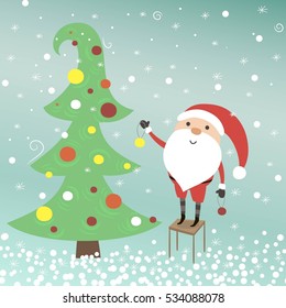 Vector illustration with santa claus decorating tree