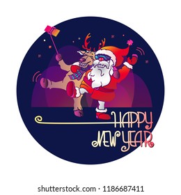 Vector illustration of Santa Claus and Deer make a Christmas Photo together. Selfie. Colorful cartoon Santa and reindeer. Hand drawn lettering Happy New Year.