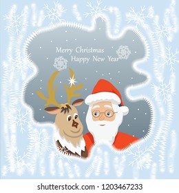 Vector illustration of Santa Claus and deer looking trough frosted glas.Christmas and New Year card.Isolated elements