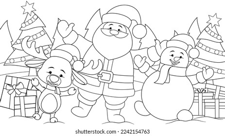 Ilustración vectorial, ciervos de Santa Claus y baile de muñecos de nieve en la víspera de Año Nuevo, libro de colorear