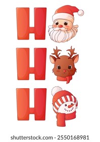 Vektorgrafik von Weihnachtsmann, Hirsch, Schneemann Köpfe in ho ho ho frase. Frohe Weihnachten, Neujahrskonzept. Für Karte, Bannerdesign, Posterdekoration.