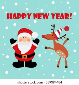 Vector illustration of a Santa Claus and deer with text Happy New Year!