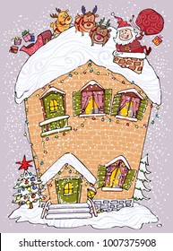 Vector illustration, Santa Claus delivering presents, card concept.