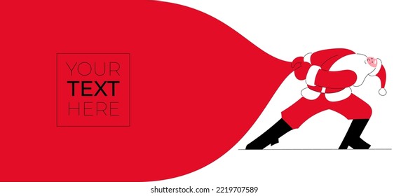 Vector illustration of Santa Claus dragging red sack of gifts. Template with place for your text, copyspace for New Year holiday greeting card. Christmas banner. Father Frost pulls bag with presents.