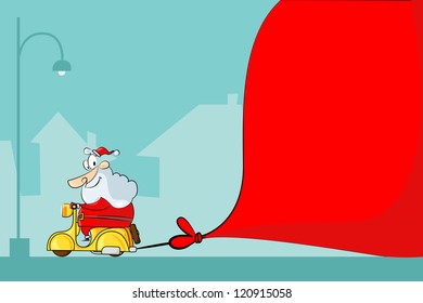 vector illustration of Santa Claus driving moped with Christmas bag