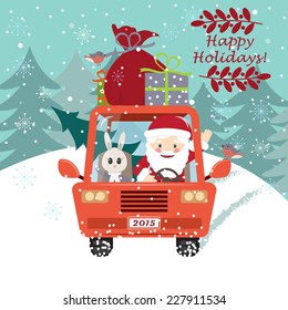 Vector illustration of Santa Claus driving the car with a cute bunny