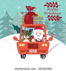Imagen vectorial de Santa Claus conduciendo el auto con un ciervo lindo