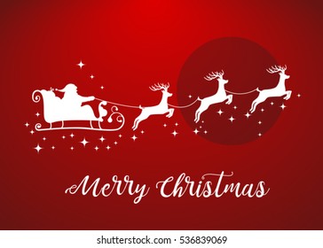 Vector Illustration of Santa Claus Driving in a Sledge. Santa Claus with deers icon with lettering Merry CHristmas for seasonal greeting card