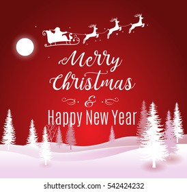 Vector Illustration of Santa Claus Driving in a Sleigh. Merry Christmas and Happy New Year lettering red traditional greeting background.