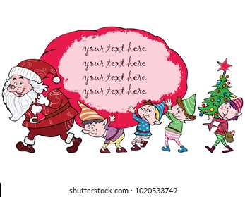 Vector illustration, Santa Claus with dwarfs.