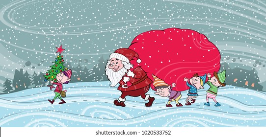 Vector illustration, Santa Claus with dwarfs.