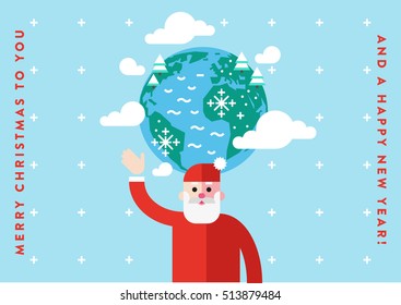 Vector illustration of Santa Claus and earth with clouds and snowflakes