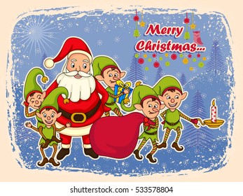 vector illustration of Santa Claus with Elf for Merry Christmas holiday celebration background